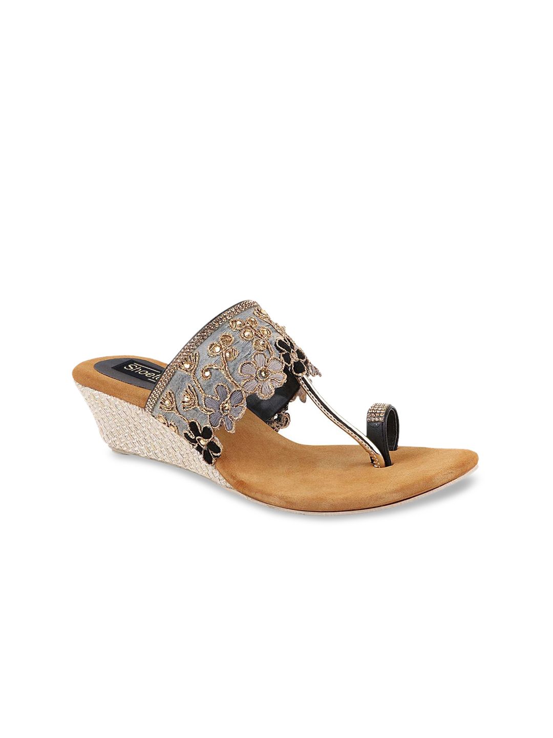 Shoetopia Grey Embellished Ethnic Wedge Sandals Price in India