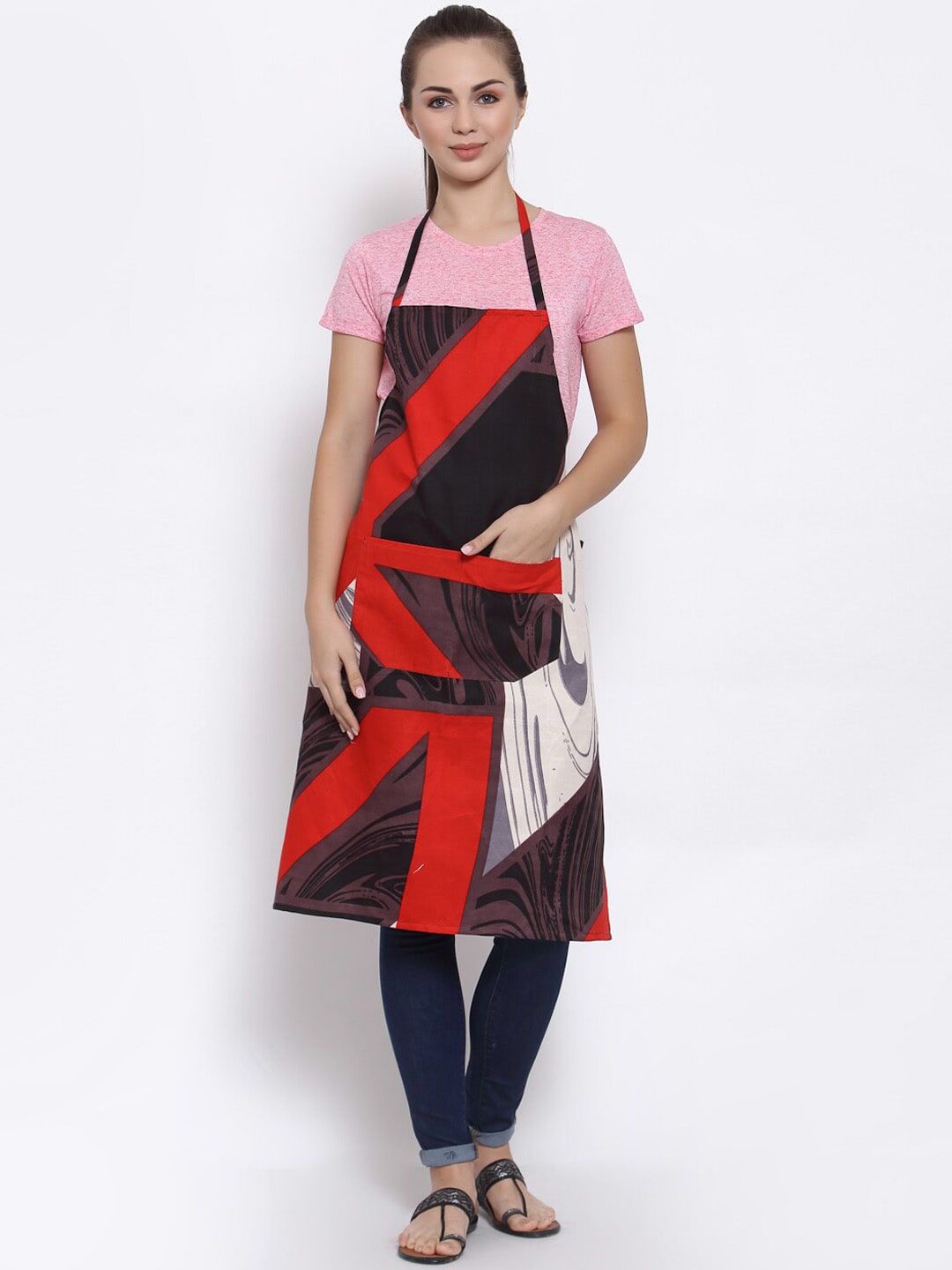 Arrabi Red & Black Geometric TC Cotton Blend Apron with 2 Patch Pockets Price in India