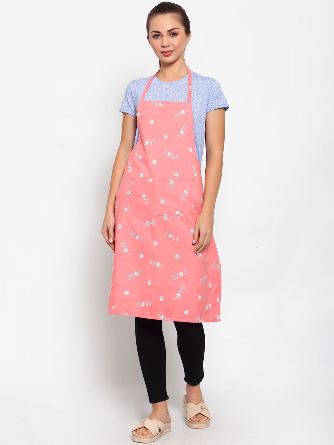 Arrabi Peach-Coloured & White Floral TC Cotton Apron with 2 Patch Pockets Price in India