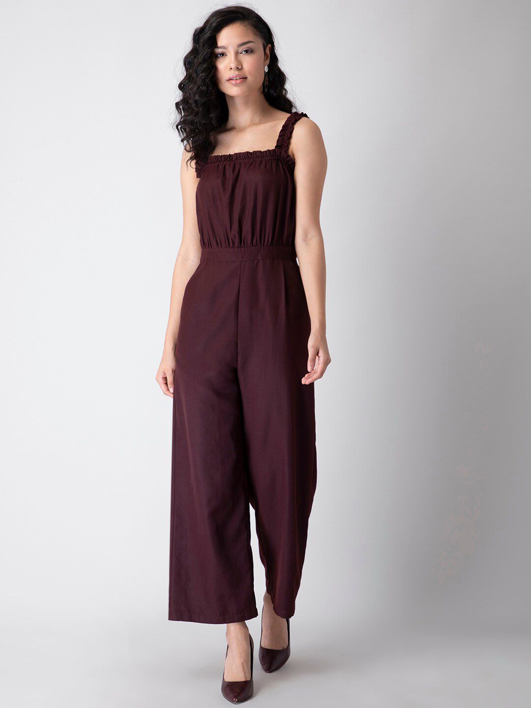 FabAlley Women Purple Solid Sleeveless Jumpsuit With Gathers Price in India
