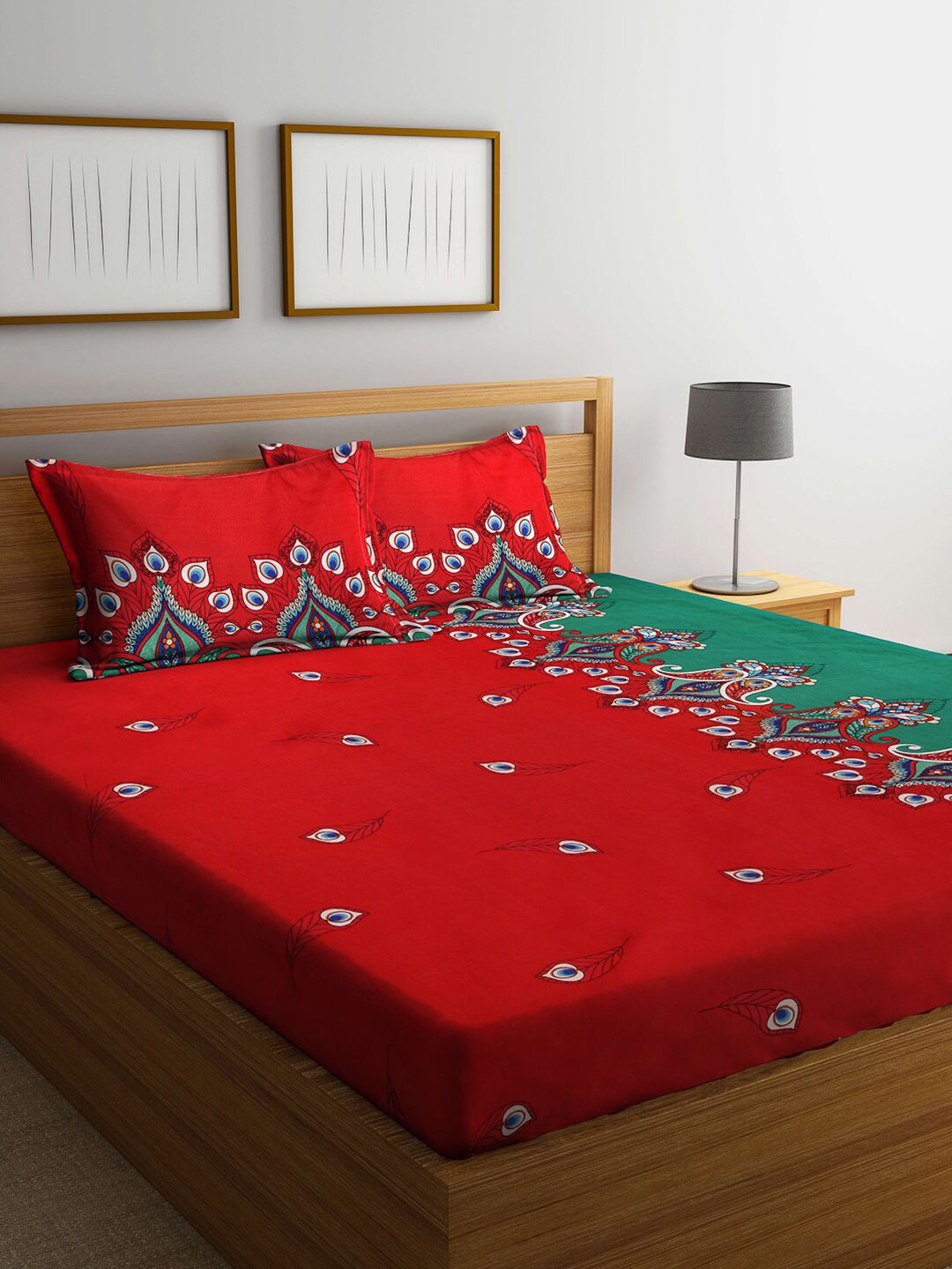 Arrabi Red & Green Ethnic Motifs 300 TC King Bedsheet with 2 Pillow Covers Price in India
