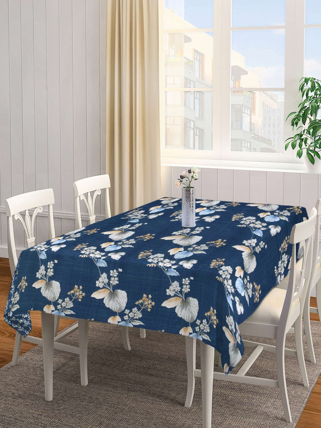 Arrabi Navy Blue & Grey Floral 6-Seater Table Cover Price in India