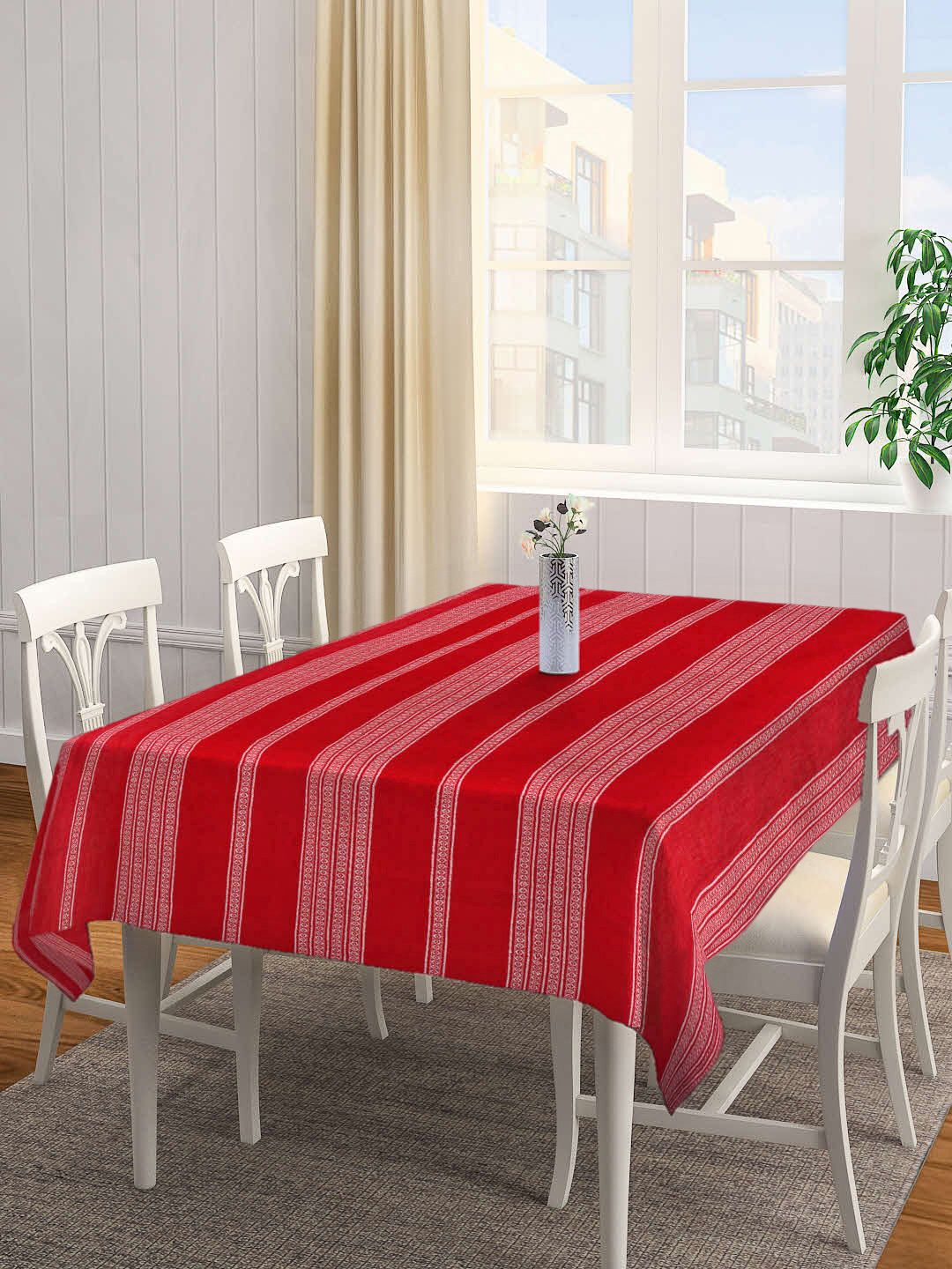 Arrabi Red & White Striped Handwoven Cotton 6-Seater Table Cover Price in India