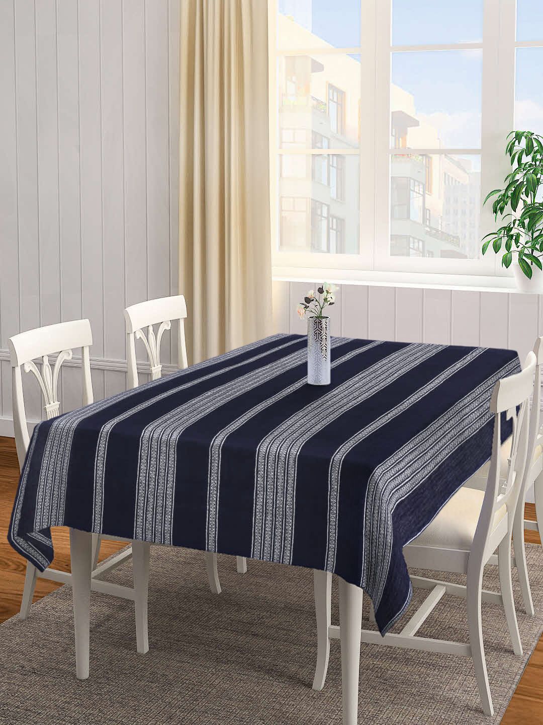 Arrabi Navy Blue & White Striped Handwoven Cotton 6-Seater Table Cover Price in India