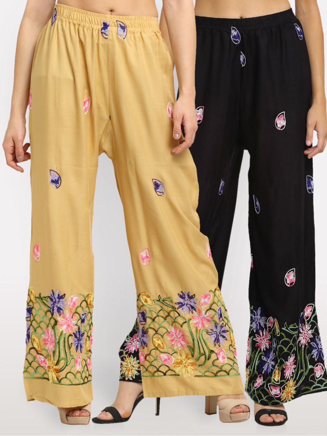 NEUDIS Women Pack of 2 Beige & Black Floral Embroidered Ethnic Palazzos Price in India