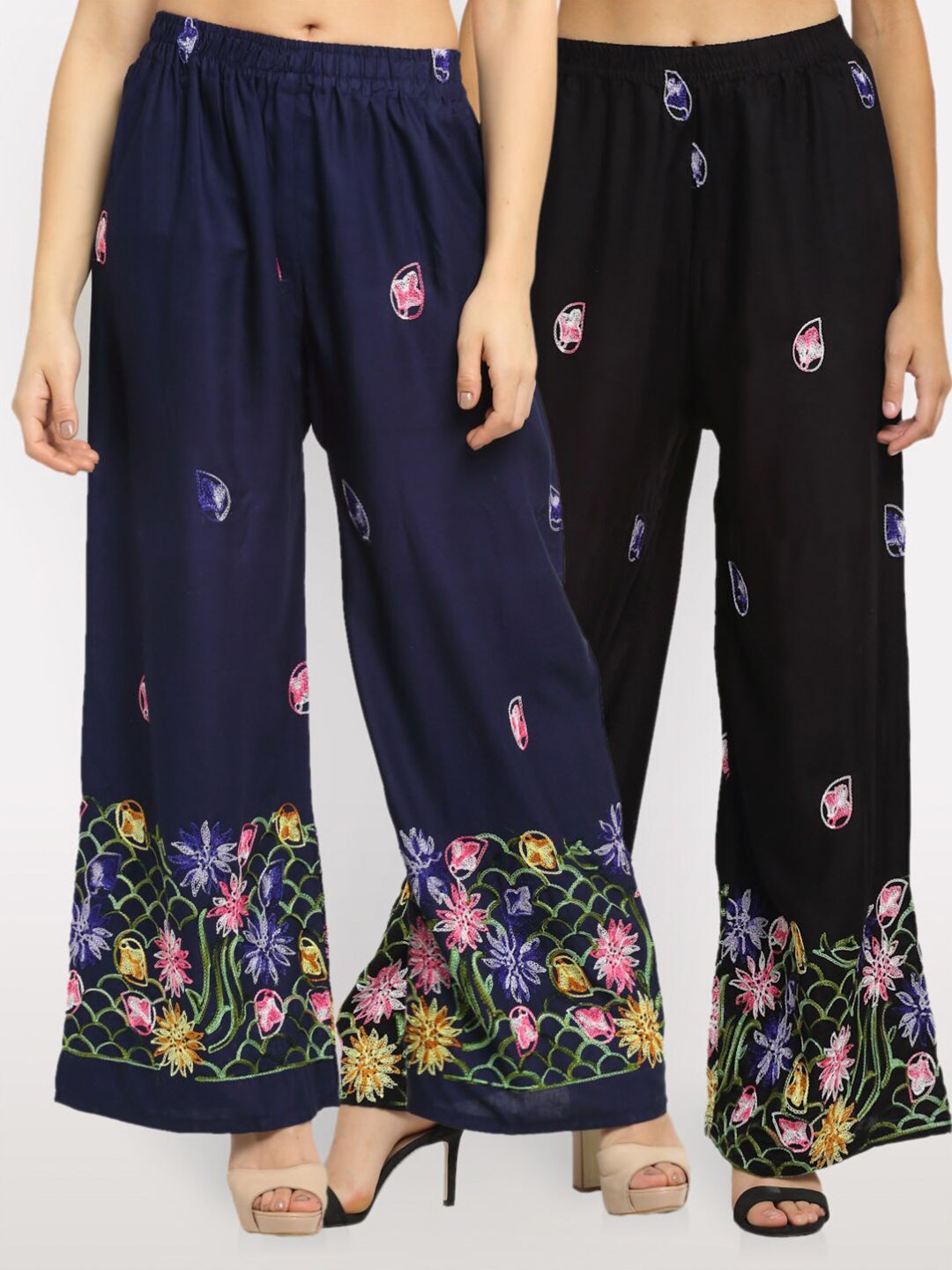 NEUDIS Women Pack of 2 Navy Blue & Black Floral Embroidered Ethnic Palazzos Price in India