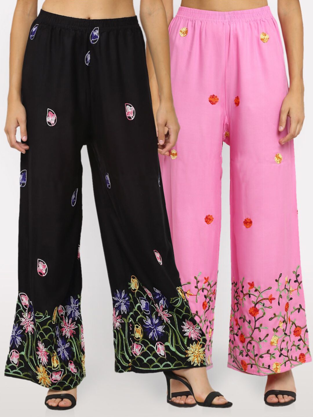 NEUDIS Women Pack of 2 Black & Pink Floral Embroidered Ethnic Palazzos Price in India