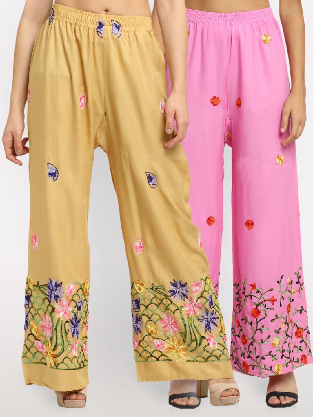 NEUDIS Women Pack of 2 Beige & Pink Floral Embroidered Ethnic Palazzos Price in India