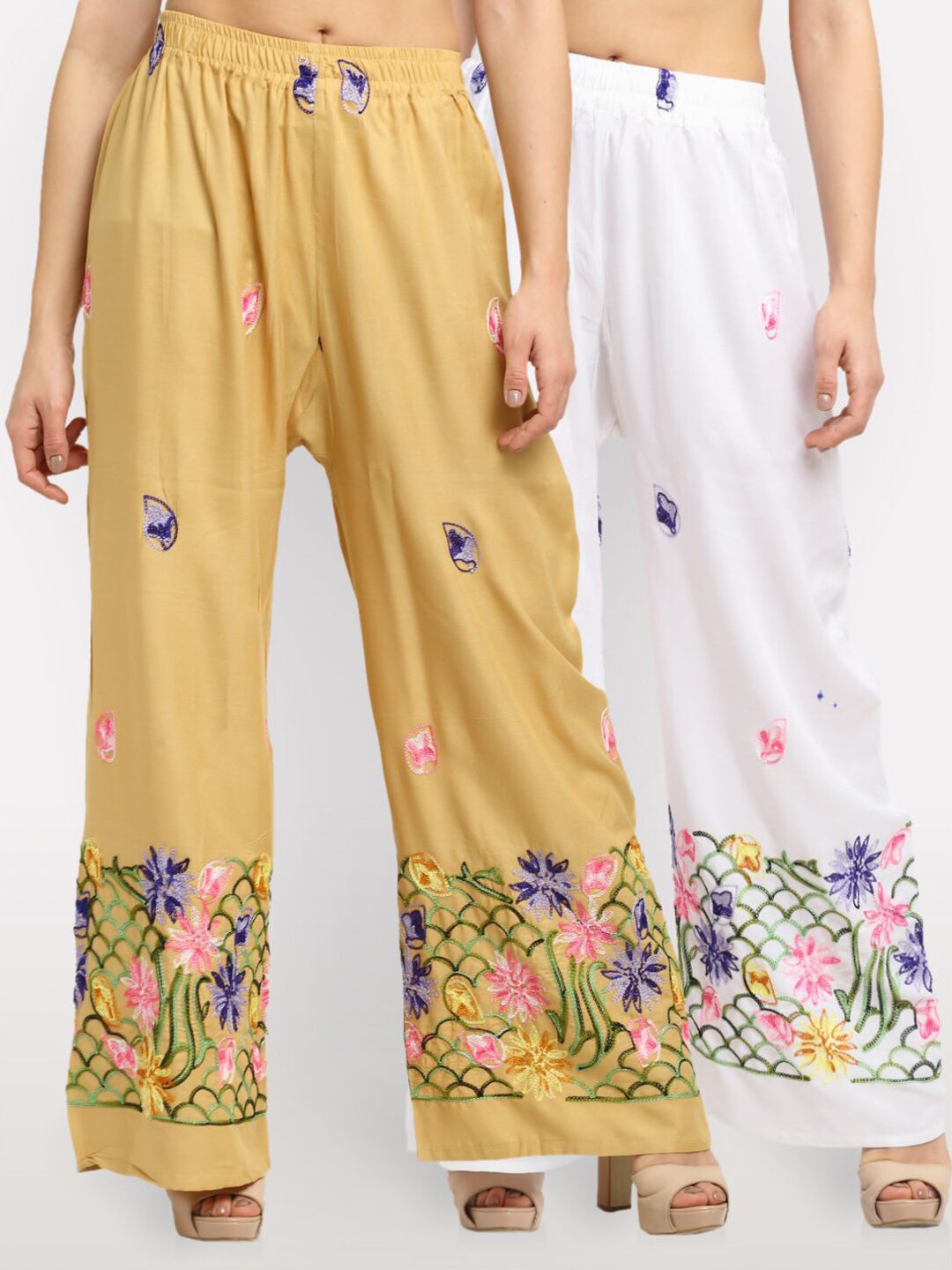 NEUDIS Women Pack of 2 Beige & White Floral Embroidered Ethnic Palazzos Price in India