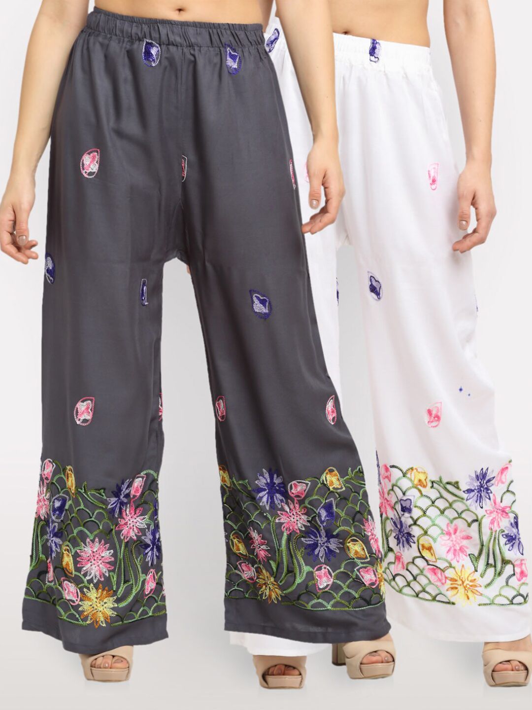 NEUDIS Women Pack of 2 Grey & White Floral Embroidered Ethnic Palazzos Price in India