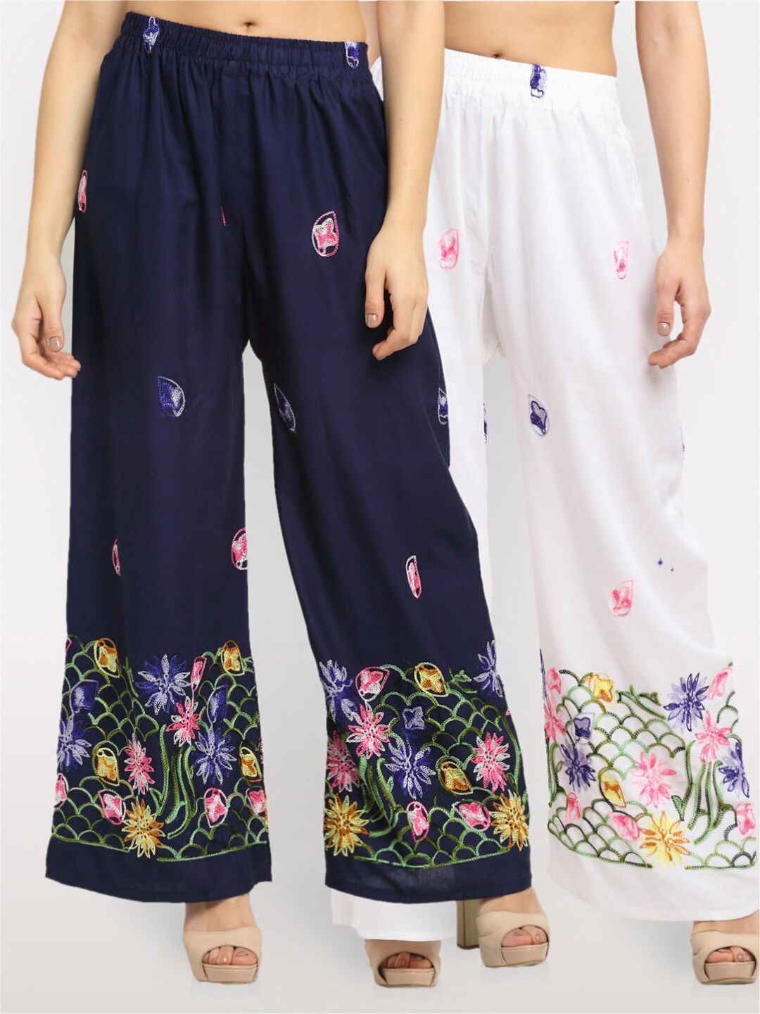 NEUDIS Women Pack of 2 Navy Blue & White Floral Embroidered Ethnic Palazzos Price in India