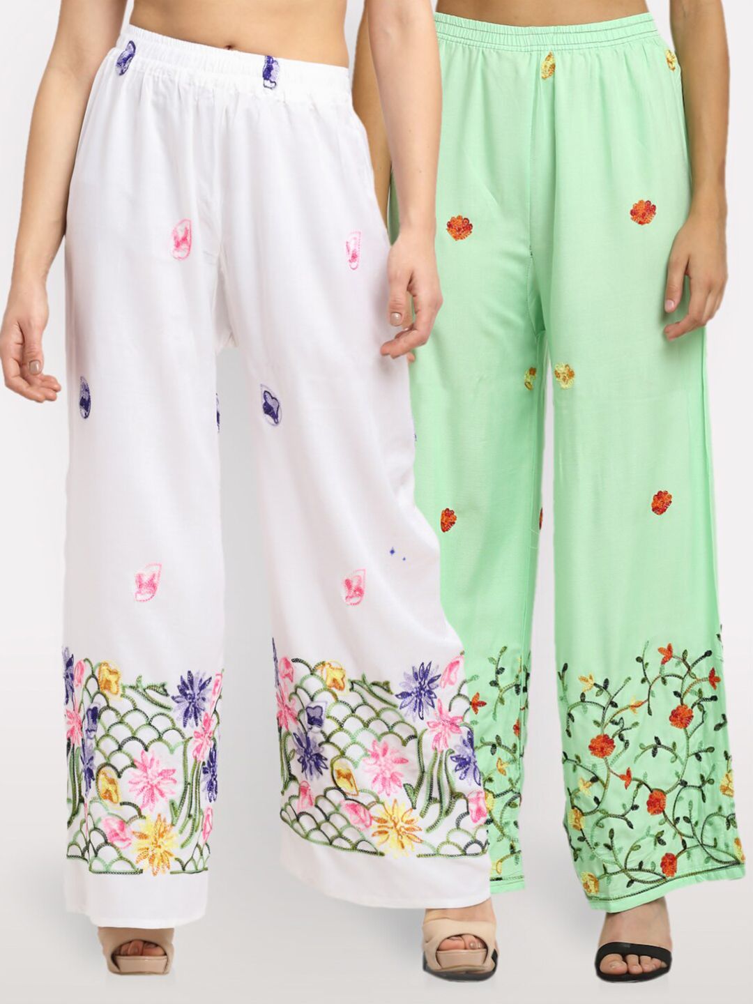 NEUDIS Women Pack of 2 White & Green Floral Embroidered Ethnic Palazzos Price in India