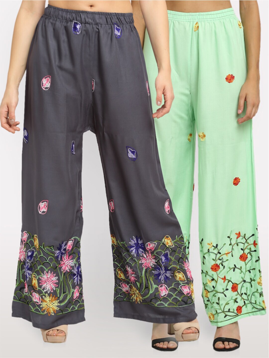 NEUDIS Women Pack of 2 Grey & Green Floral Embroidered Ethnic Palazzos Price in India