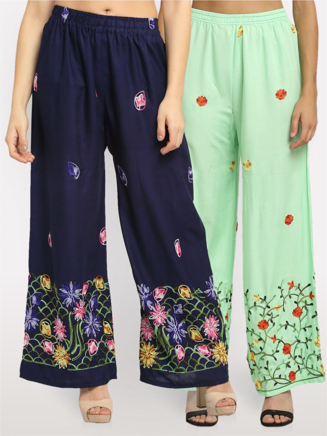 NEUDIS Women Pack of 2 Navy Blue & Green Floral Embroidered Ethnic Palazzos Price in India