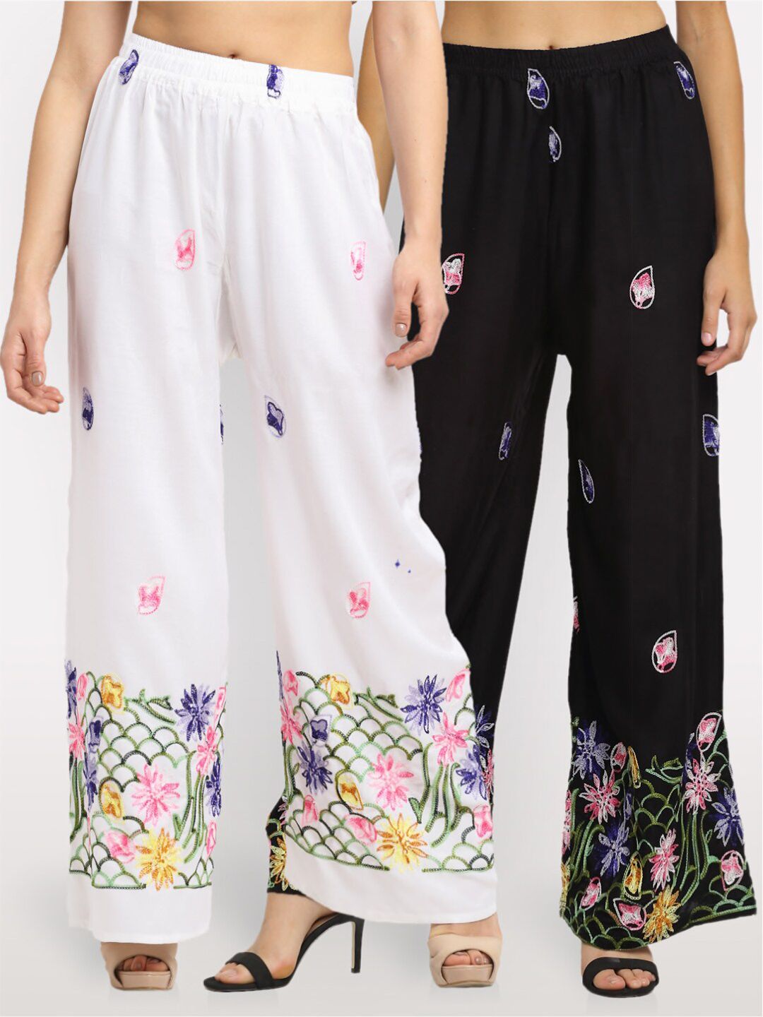 NEUDIS Women Pack of 2 White & Black Floral Embroidered Ethnic Palazzos Price in India