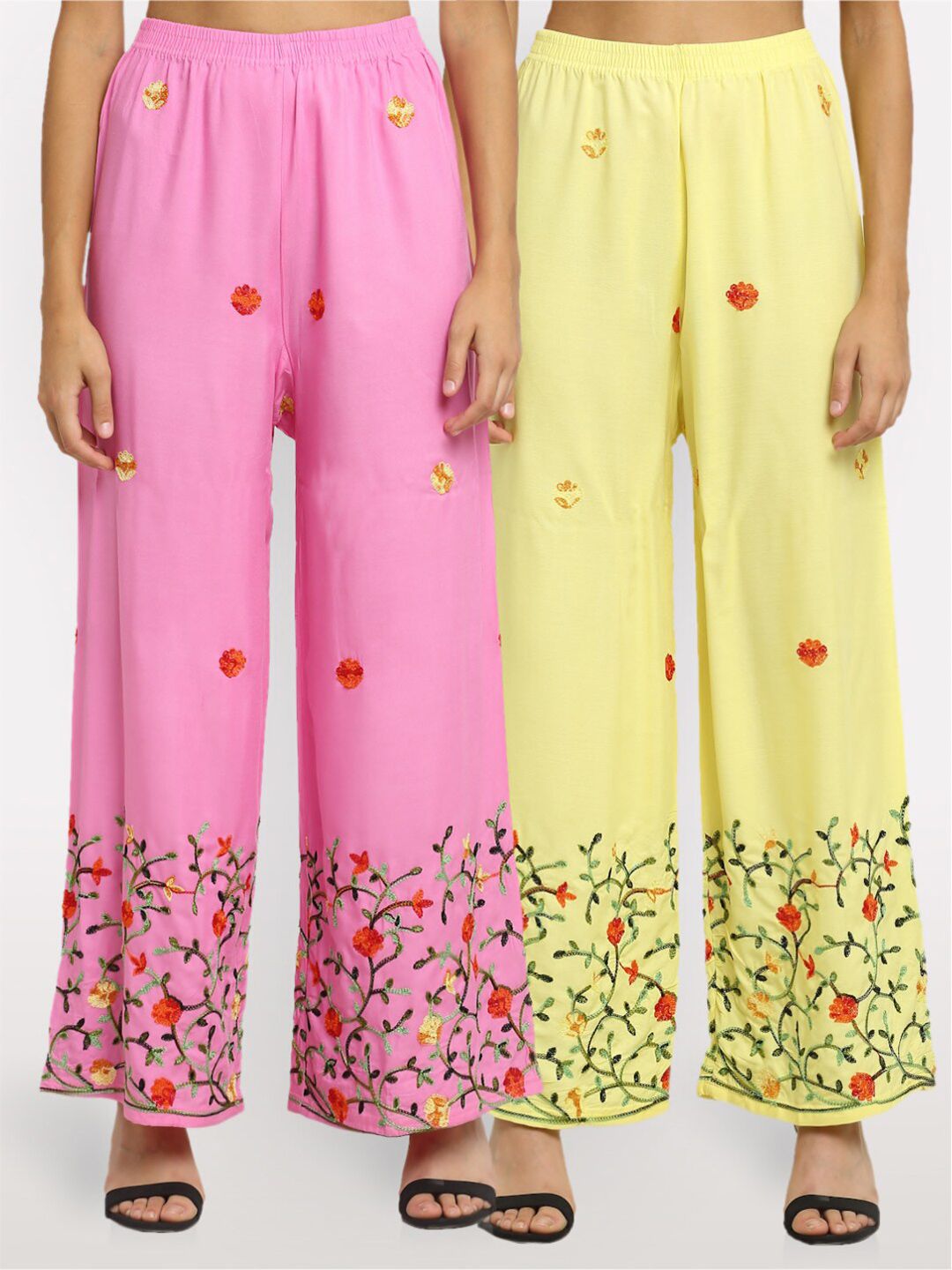 NEUDIS Women Pack of 2 Pink & Yellow Floral Embroidered Ethnic Palazzos Price in India