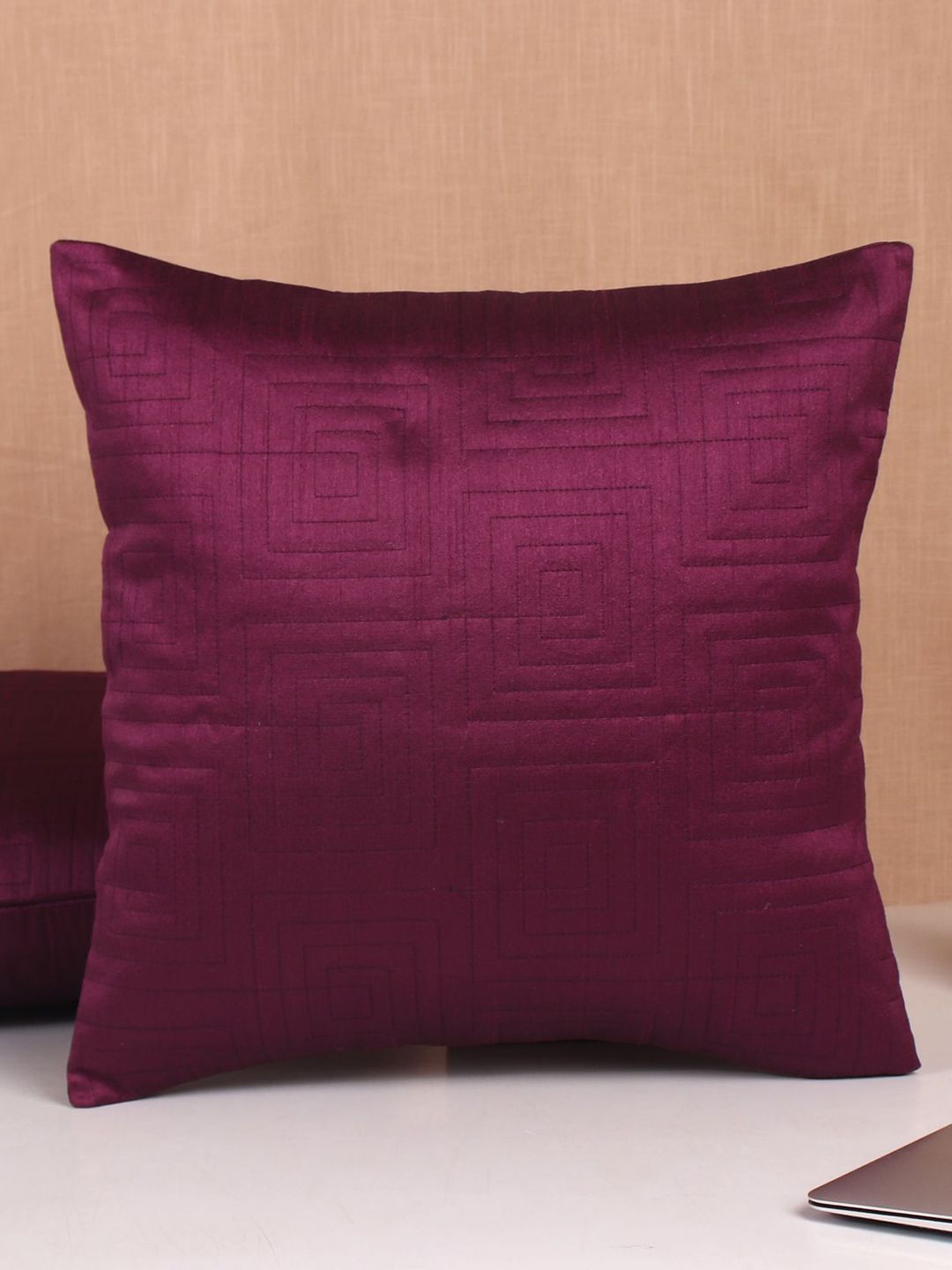 Molcha Burgundy Set of 2 Geometric Quilted Square Cushion Covers Price in India