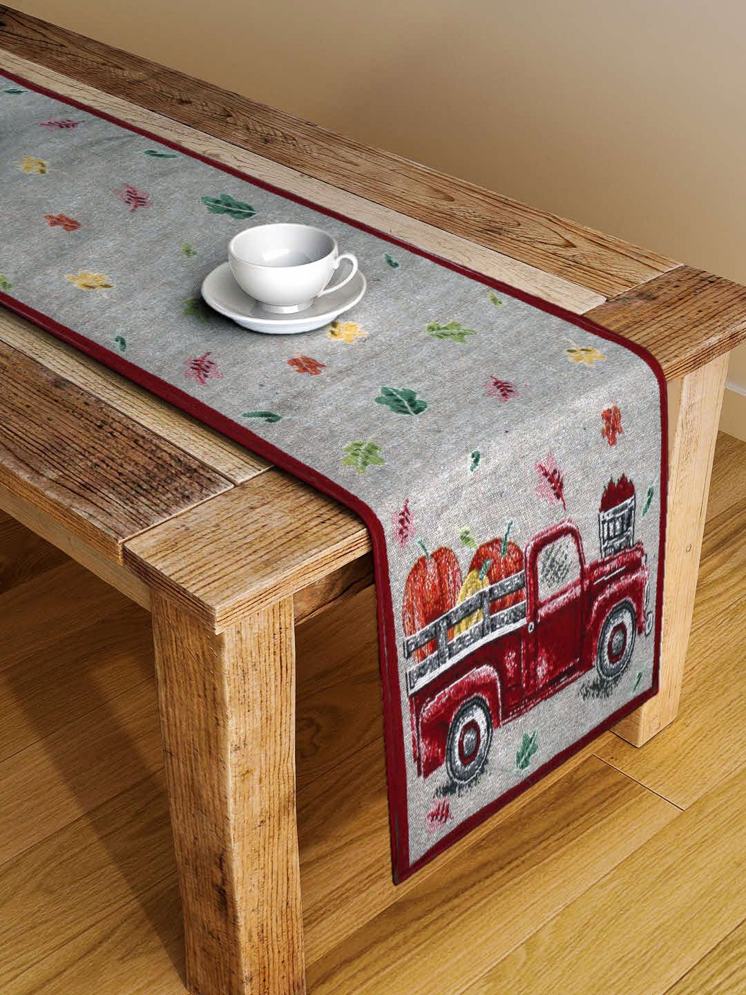 Arrabi Grey & Red Printed Hand-Tuffed 6-Seater Table Runner Price in India