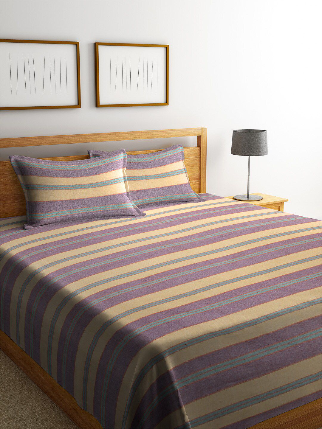 Arrabi Yellow & Purple Striped Handwoven Cotton Double King Bedcover With 2 Pillow Cover Price in India