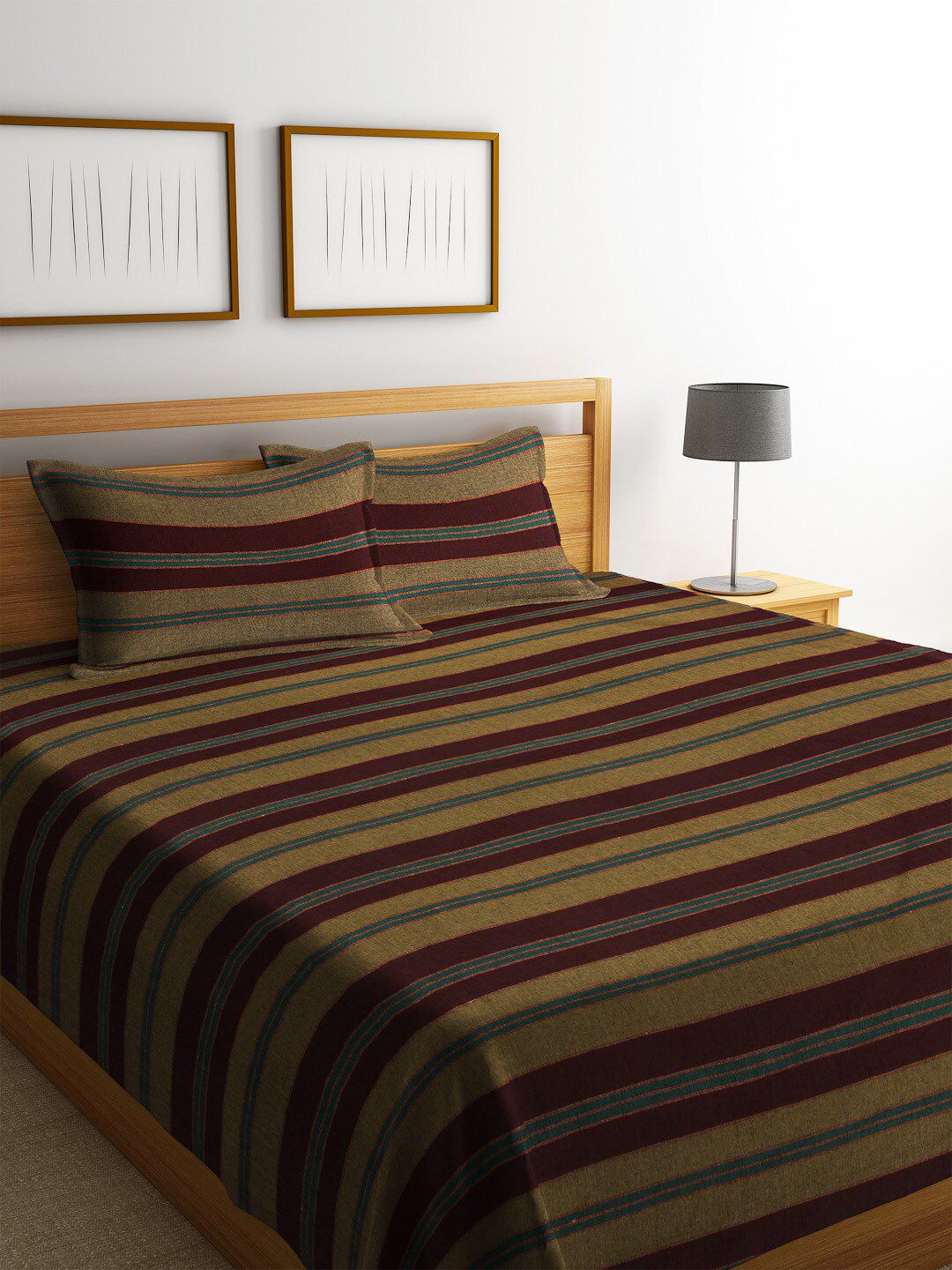 Arrabi Brown & Maroon Striped Cotton Handwoven Double King Bed Cover & Pillow Covers Price in India