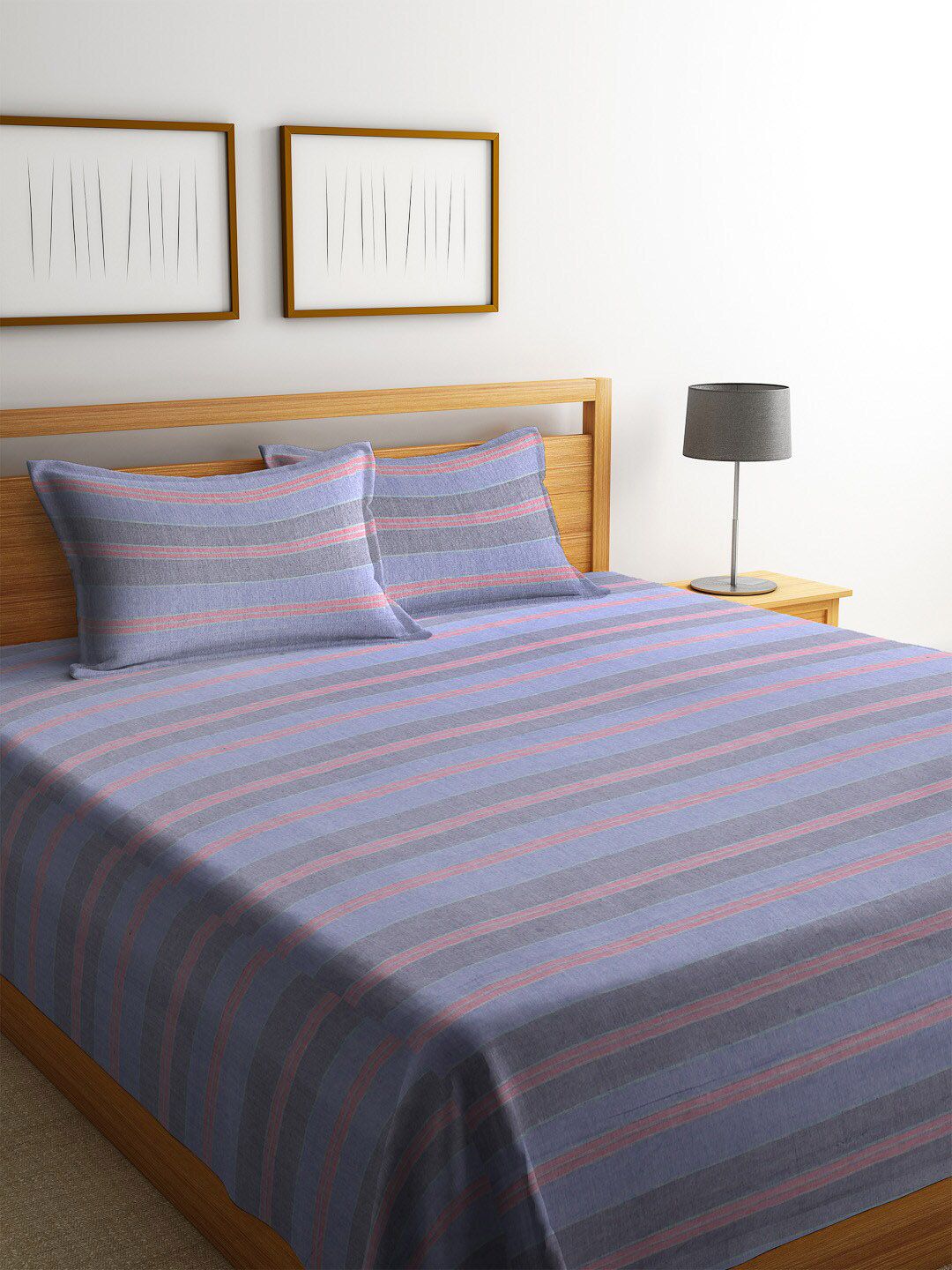 Arrabi Purple & Pink Striped Cotton Handwoven Double King Bed Cover & Pillow Covers Price in India