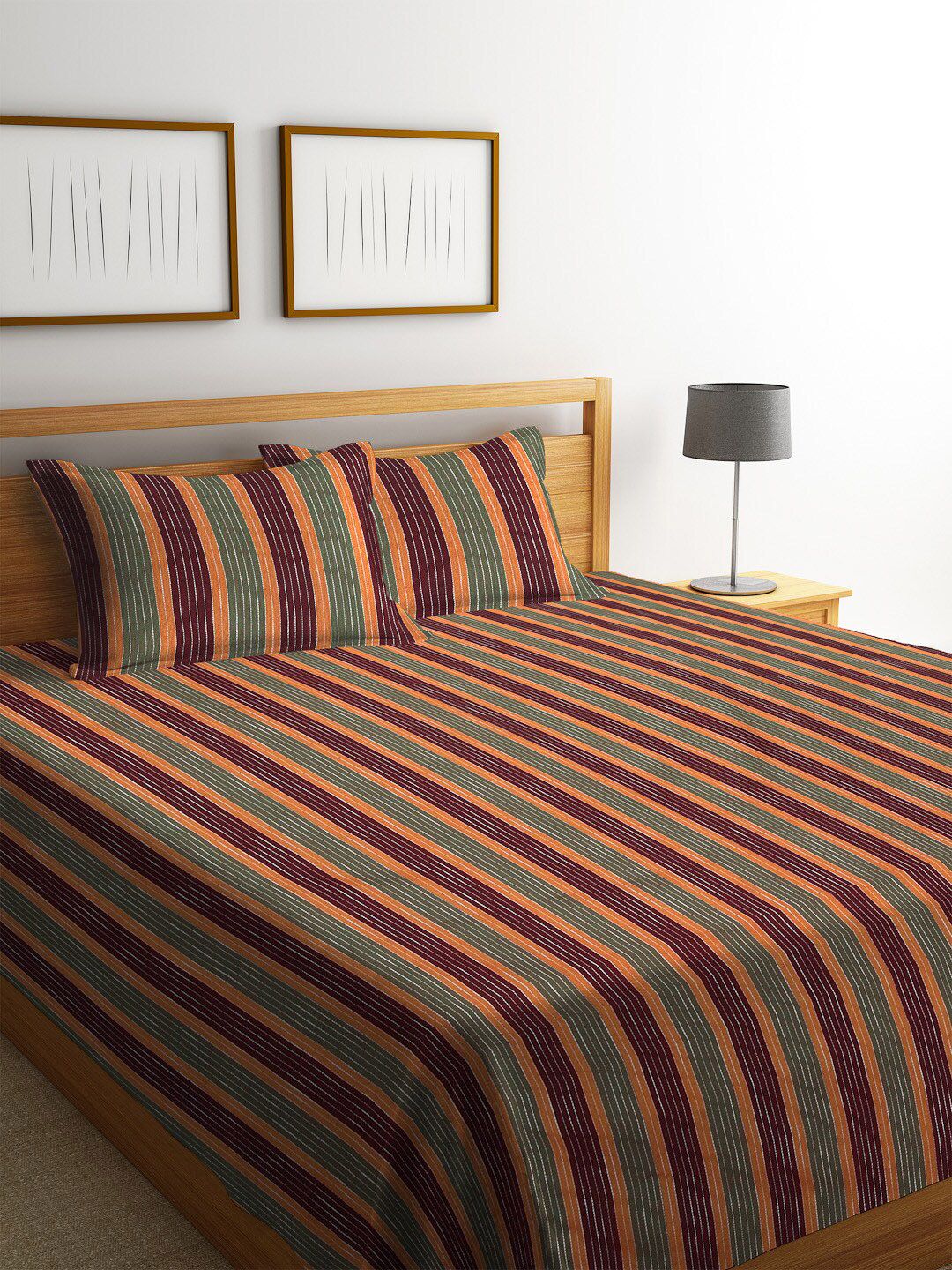 Arrabi Maroon & Green Striped Cotton Handwoven Double King Bed Cover & Pillow Covers Price in India