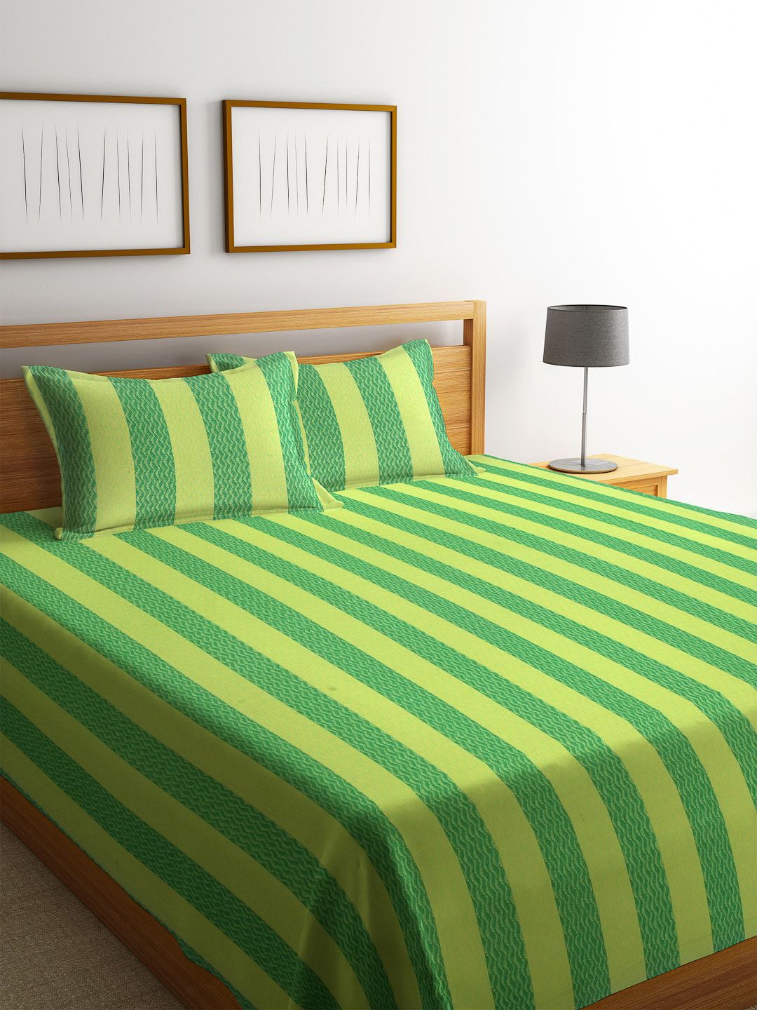 Arrabi Green & Yellow Striped Handwoven Cotton Double King Bed Cover & Pillow Covers Price in India