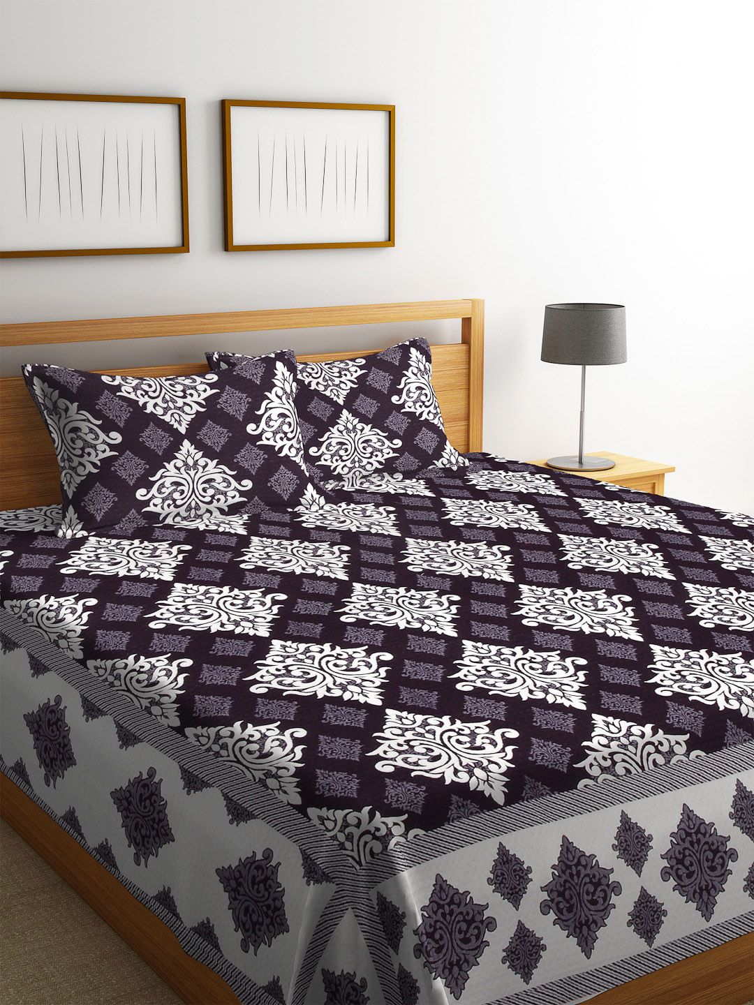 Arrabi Purple & White Floral Double Bed Cover With 2 Pillow Covers Price in India