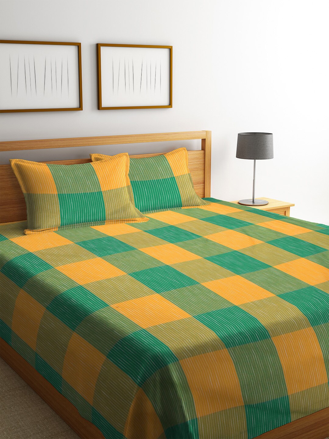 Arrabi Green & Orange Checked Cotton Handwoven Double King Bed Cover & 2 Pillow Covers Price in India