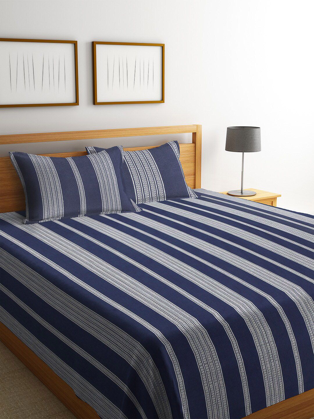 Arrabi Blue & White Striped Double Bed Cover With 2 Pillow Covers Price in India