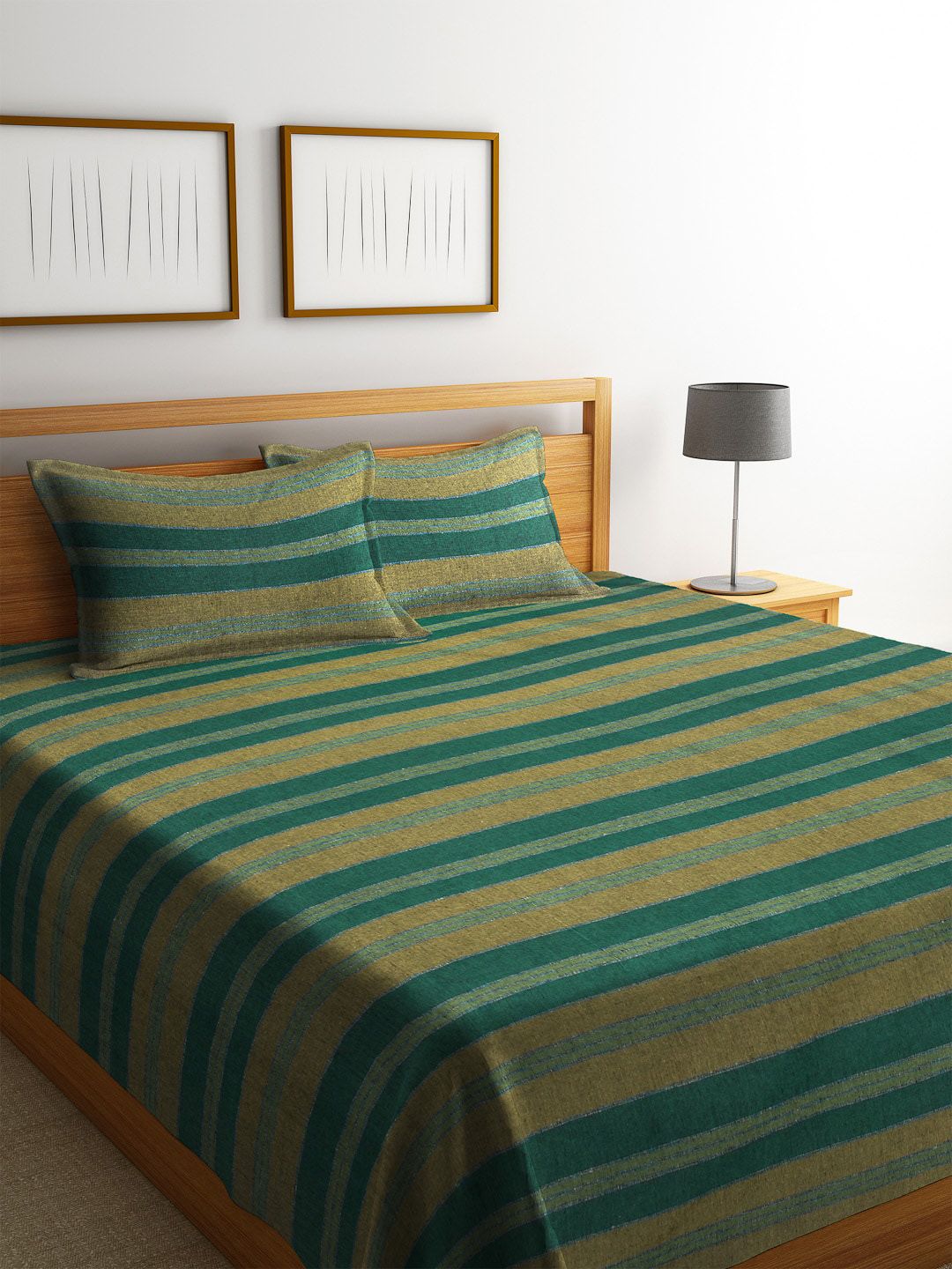 Arrabi Green Striped Handwoven Cotton Double King Size Bedcover with 2 Pillow Cover Price in India
