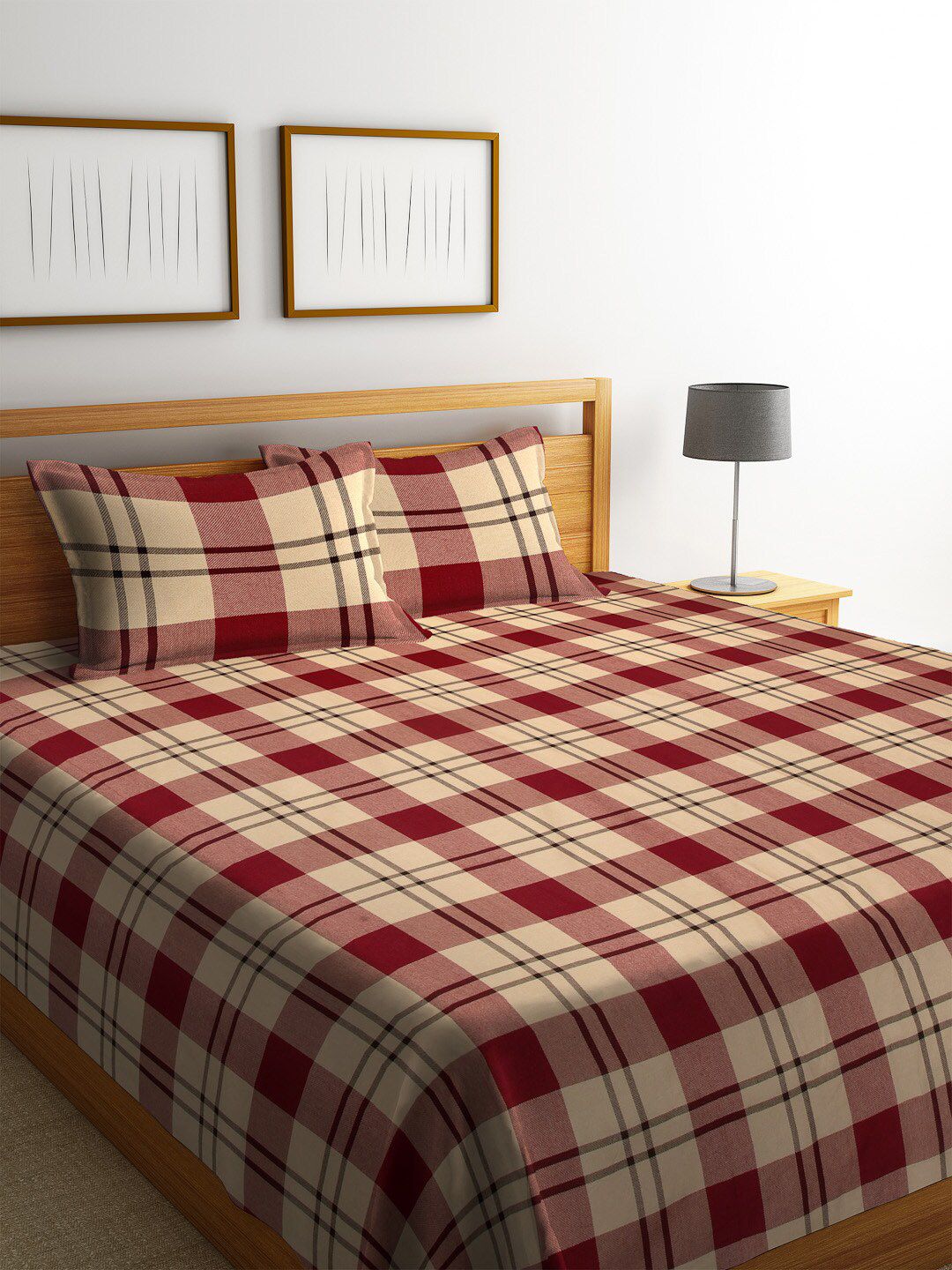 Arrabi Red & Beige-Colored Checked Double Bed Cover With 2 Pillow Covers Price in India