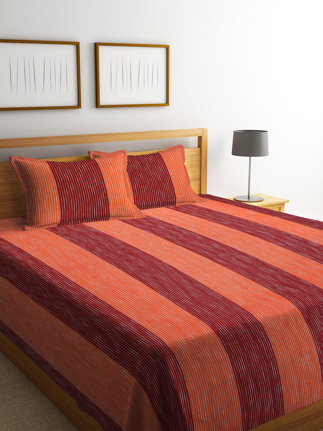 Arrabi Red & Orange Striped Double Bed Cover With 2 Pillow Covers Price in India