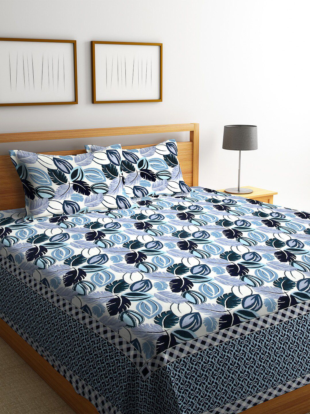 Arrabi Blue & White Floral Printed Poly Cotton Double King Bedcover With 2 Pillow Cover Price in India