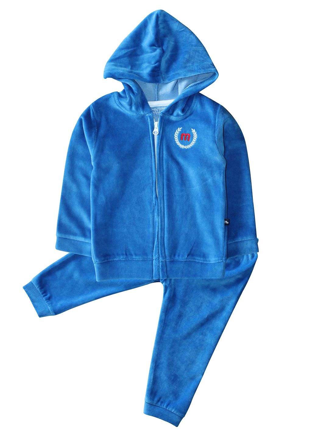 Moms Love Infant Boys Blue Solid Velvet Finish Cotton Clothing Set