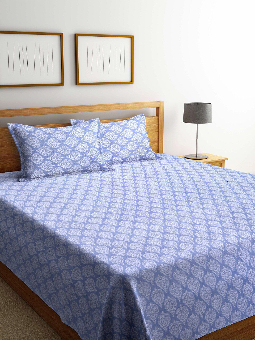 Arrabi Blue & White Ethnic Handwoven Cotton Super King Size Bedcover with 2 Pillow Cover Price in India