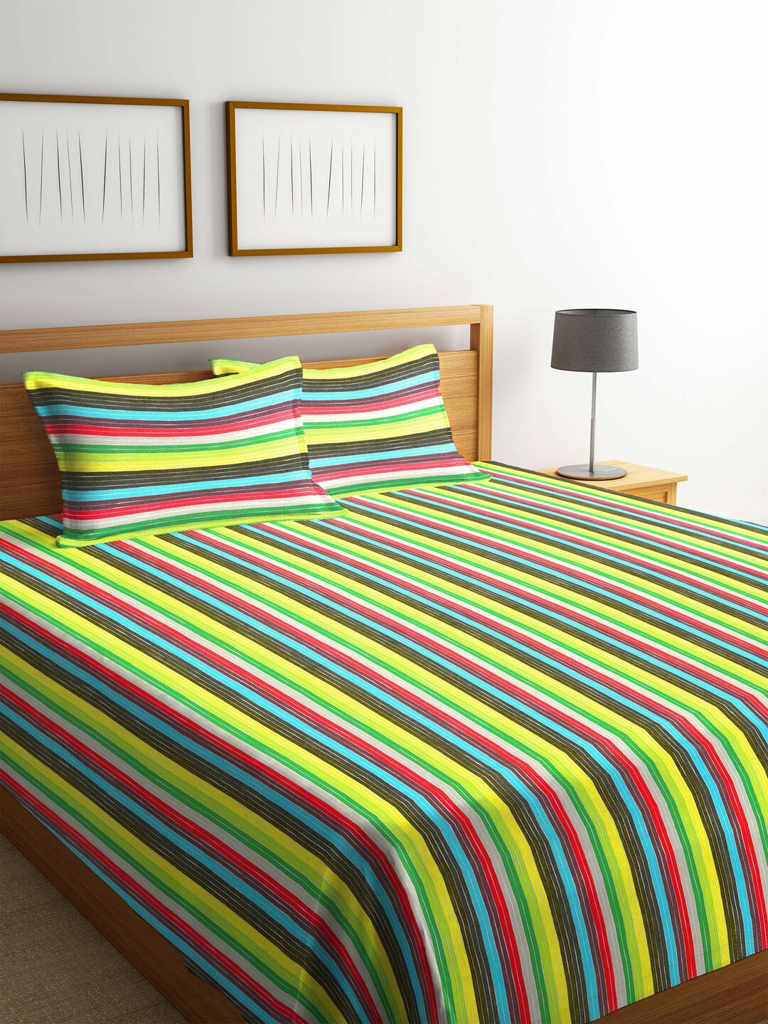 Arrabi Yellow & Green Striped Double Bed Super King Cover With 2 Pillow Covers Price in India