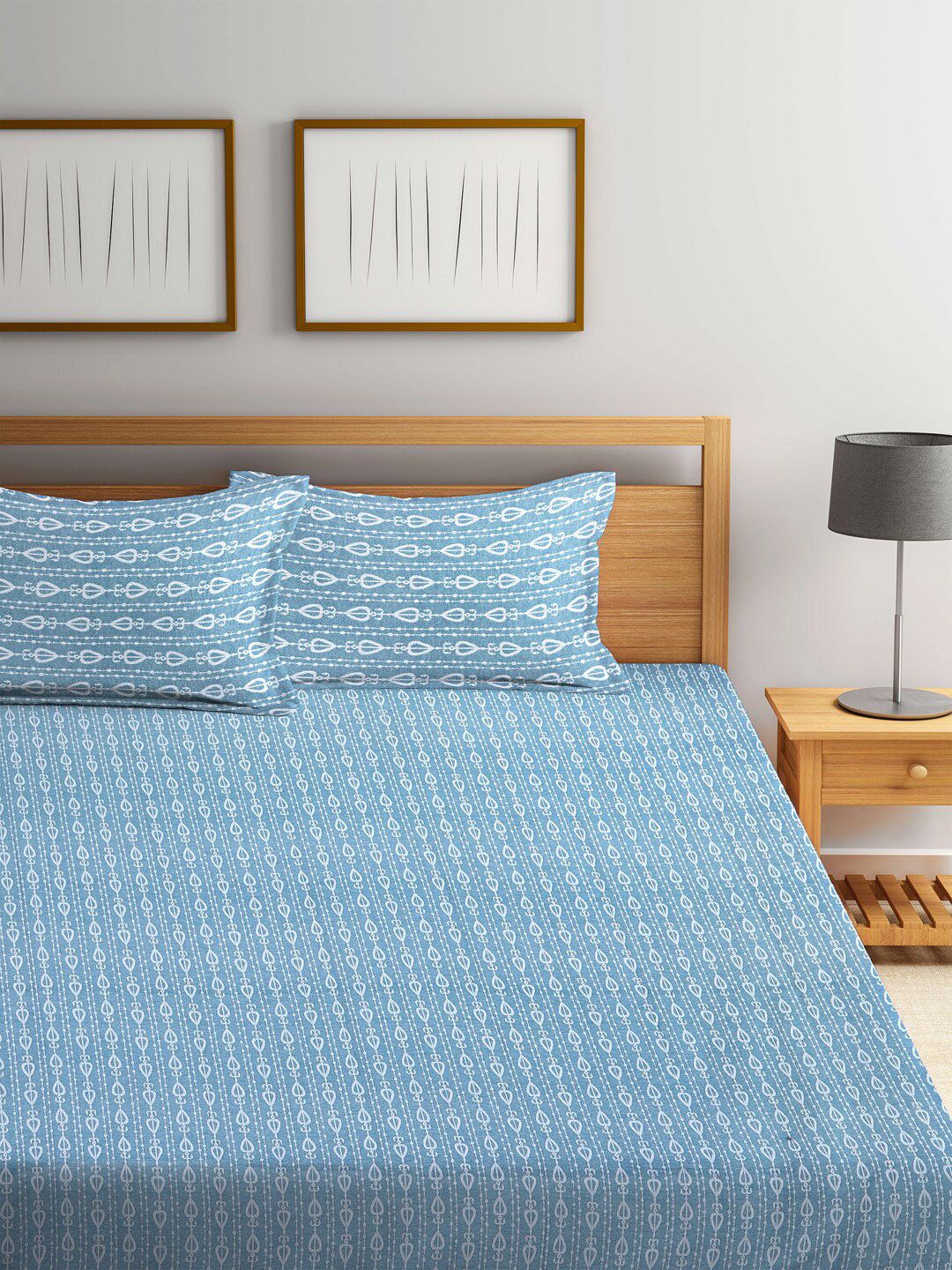 Arrabi Blue & White Handwoven Cotton Super King Size Bedcover with 2 Pillow Cover Price in India