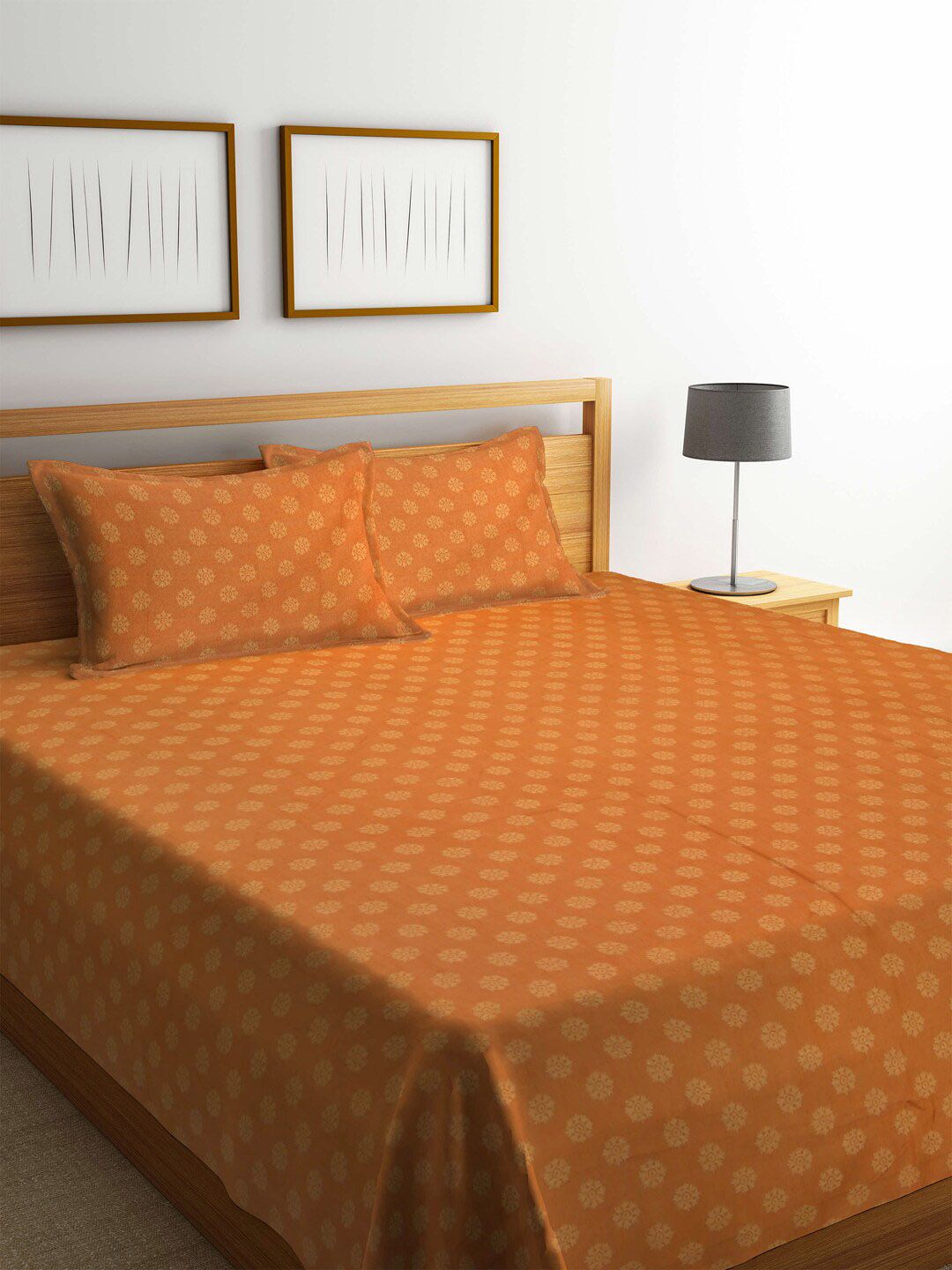 Arrabi Rust Brown & Yellow Woven Design Double Bed Cover With 2 Pillow Covers Price in India