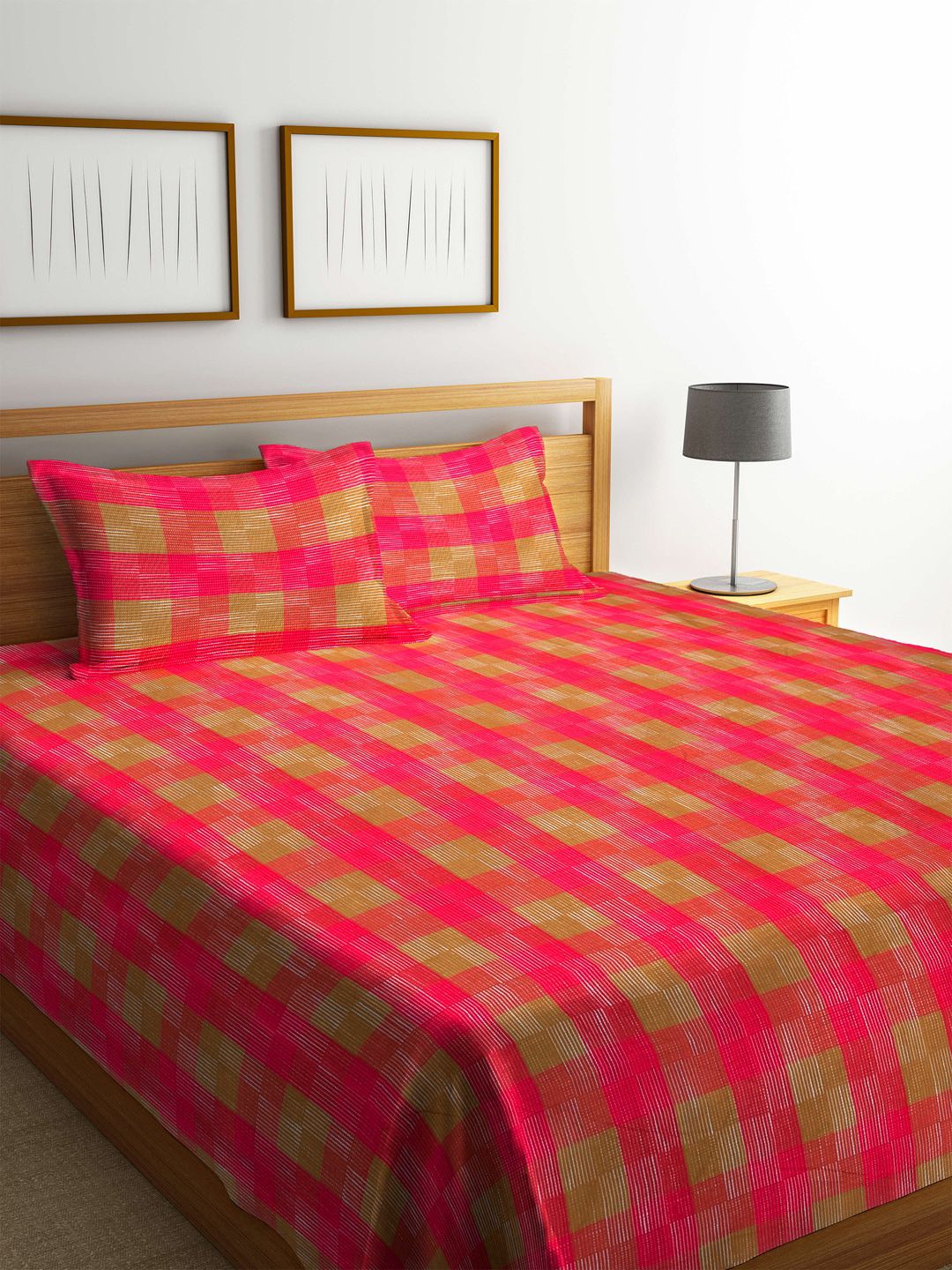 Arrabi Pink & Green Geometric Cotton Double Bed Cover With 2 Pillow Covers Price in India