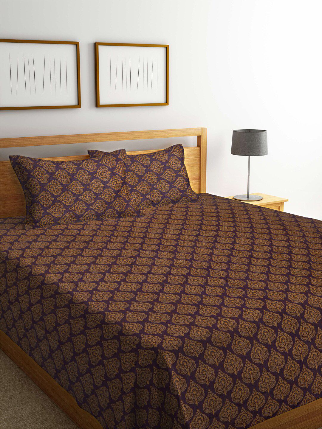 Arrabi Brown & Blue Ethnic Design Cotton Double King Size Bedcover with 2 Pillow Cover Price in India