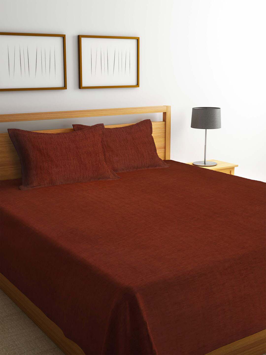 Arrabi Brown Solid Cotton Double Bed Cover With 2 Pillow Covers Price in India