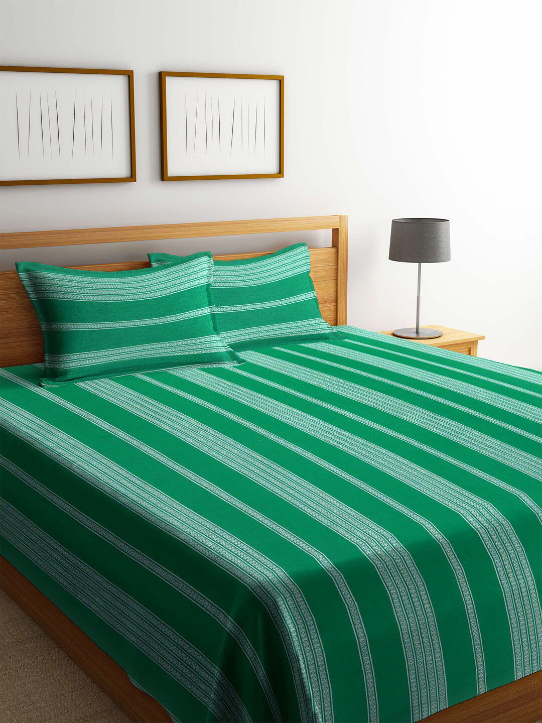 Arrabi Green & White Striped Cotton Double Bed Cover With 2 Pillow Covers Price in India