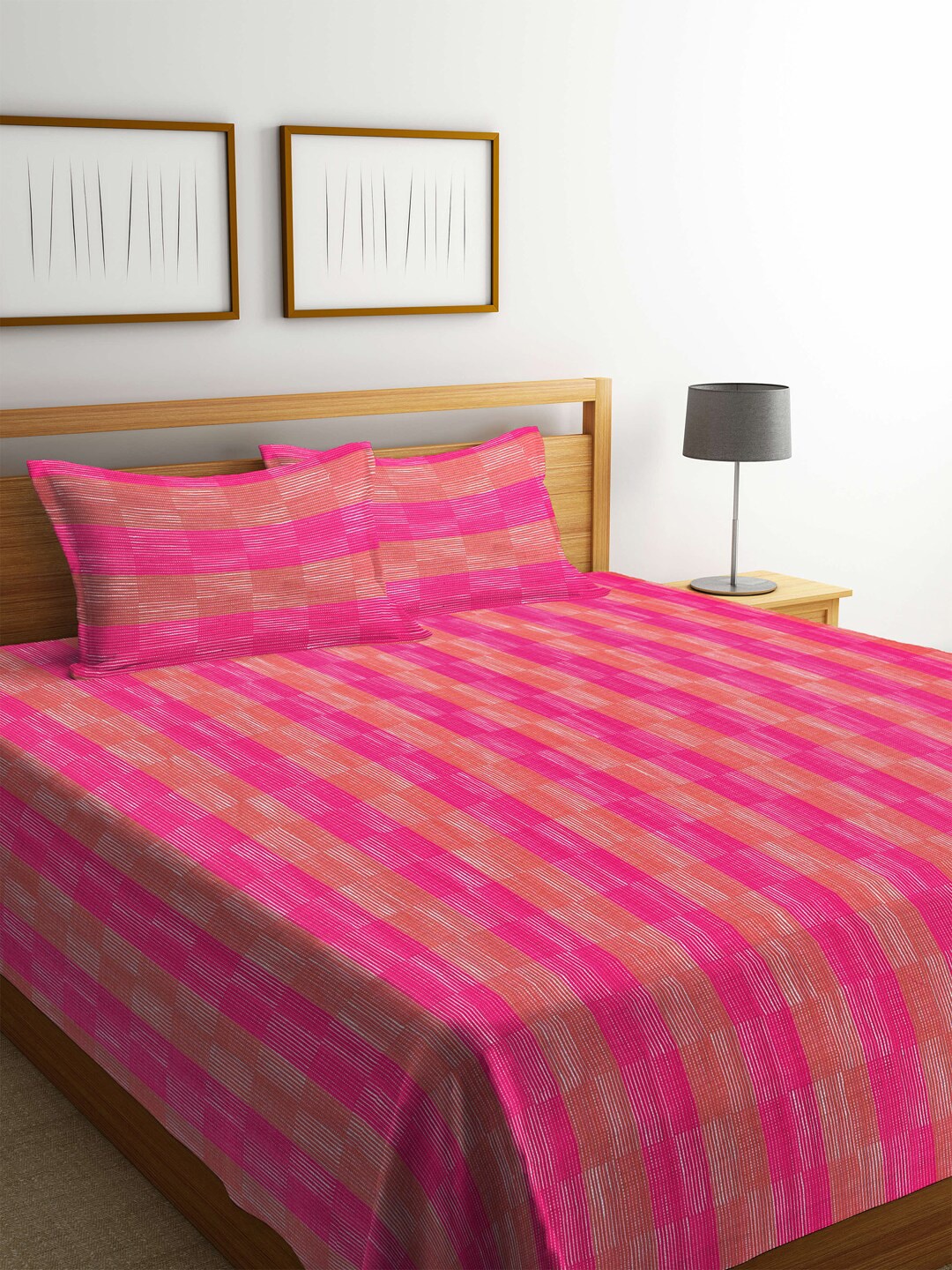 Arrabi Pink & Brown Striped Handwoven Cotton Double Size Bedcover with 2 Pillow Cover Price in India