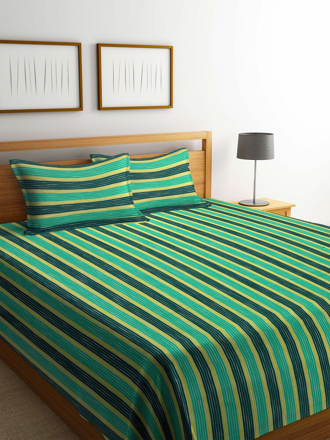 Arrabi Green & Black Striped Handwoven Cotton King Size Bedcover with 2 Pillow Cover Price in India
