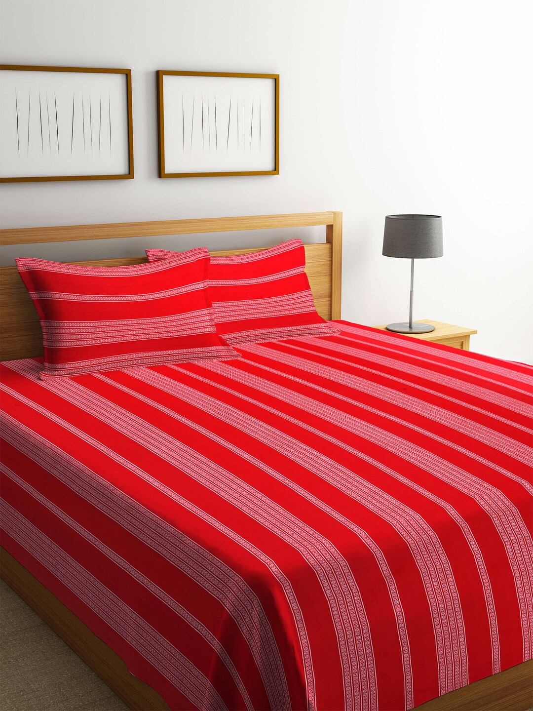 Arrabi Red & White Striped Handwoven Cotton Double Size Bedcover with 2 Pillow Cover Price in India