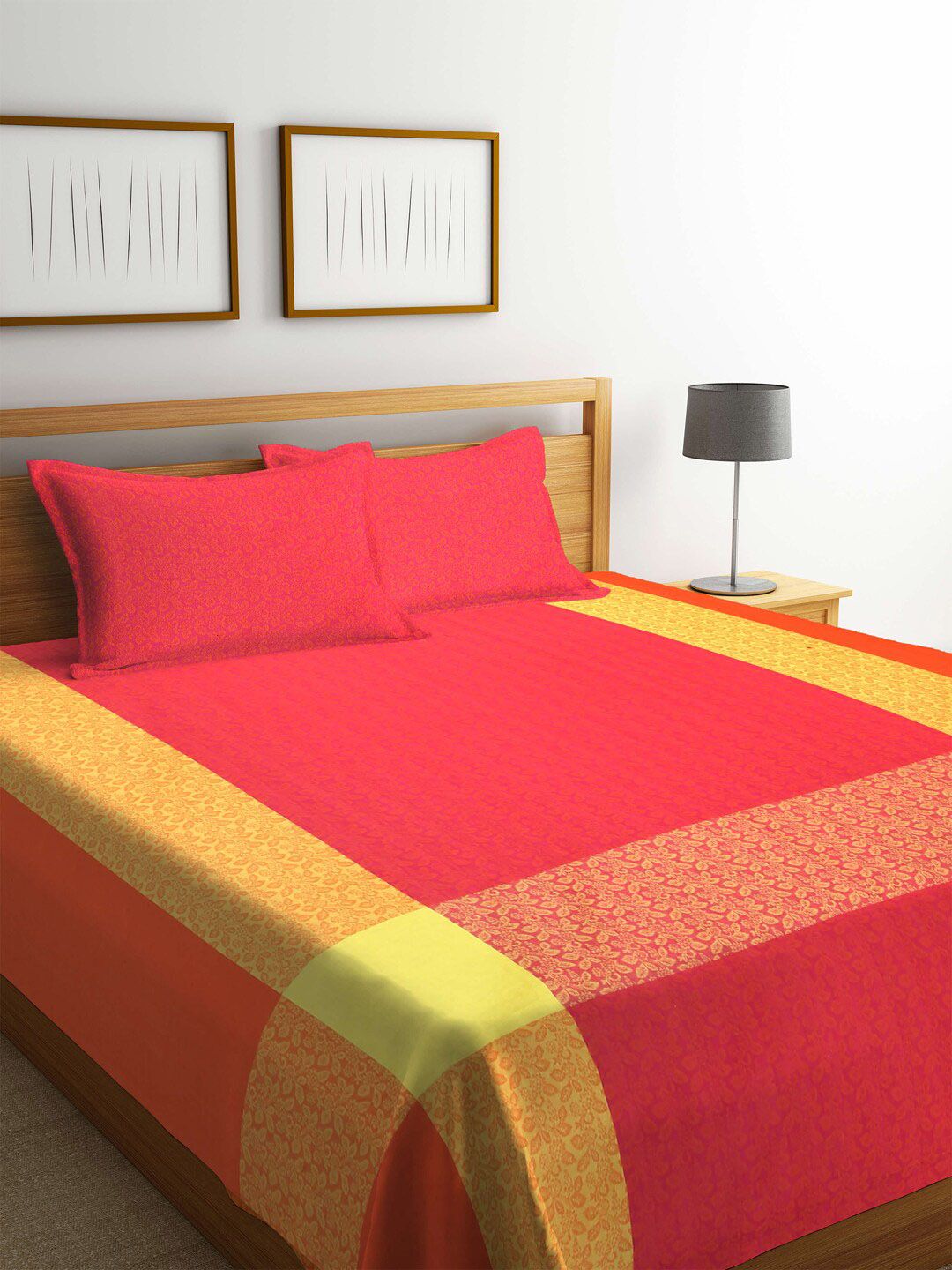 Arrabi Unisex Orange & Yellow Colourblocked Handwoven Cotton Double Size Bedcover with 2 Pillow Cover Price in India