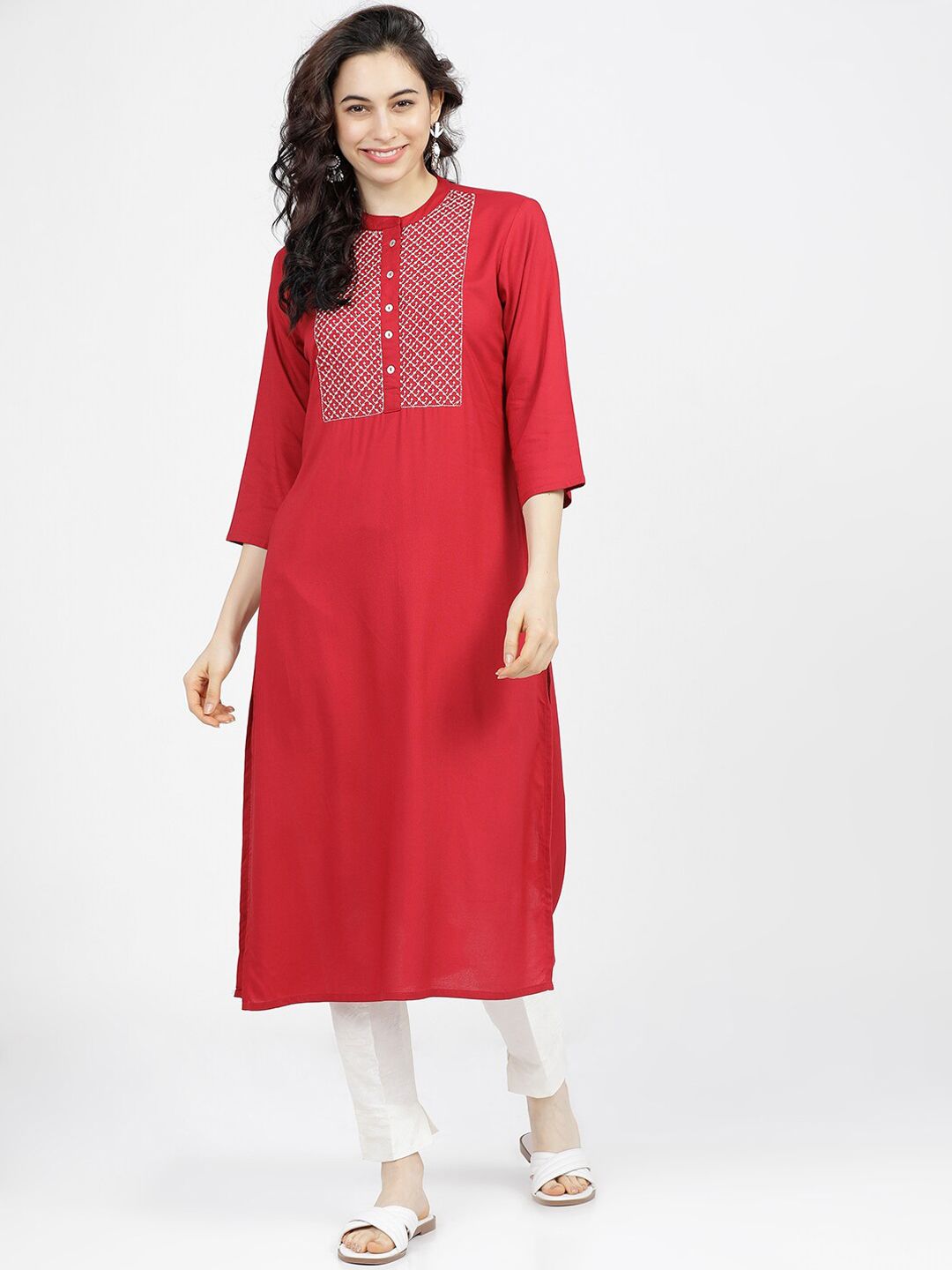 Vishudh Women Red & White Ethnic Motifs Yoke Design Kurta Price in India