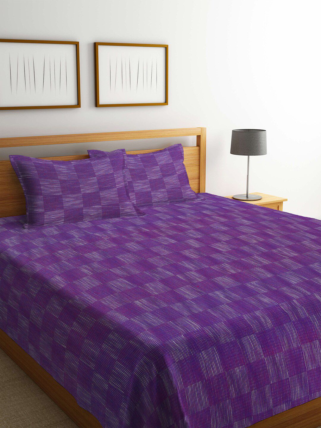 Arrabi Unisex Violet & White Checked Cotton Double Size Bedcover with 2 Pillow Cover Price in India