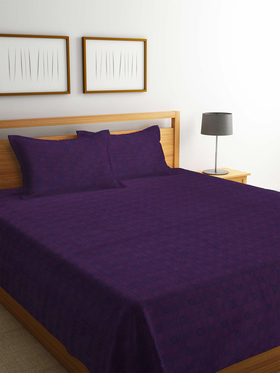 Arrabi Violet & Pink Printed Blocks Handwoven Cotton Double Size Bedcover with 2 Pillow Cover Price in India
